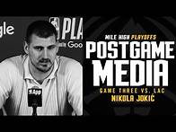 Video thumbnail for Nikola Jokić Postgame Press Conference vs. LA Clippers 🎙️ Round 1 Game 3 | 2025 NBA Playoffs