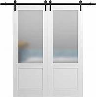 Video thumbnail for Sliding Double Barn Doors 60 x 96 with Hardware | Lucia 22 Matte White with Frosted Opaque Glass | Top Mount 14FT Rail Sturdy Set | Kitchen Lite Wooden Solid Panel Interior Bedroom Bathroom Door