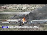 Video thumbnail for Freight train derailment, fire forces Interstate 40 closure near Arizona-New Mexico line
