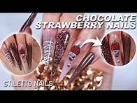 Video thumbnail for LONG Stiletto Brown and Nude Acrylic Nails Chocolate DIPPED 3D Strawberry valentines Nails