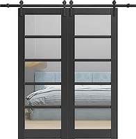 Video thumbnail for Sturdy Double Barn Door 84 x 84 inches with | Quadro 4522 Matte Black with Clear Glass | 14FT Rail Hangers Heavy Set | Solid Panel Interior Doors