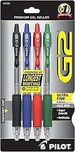 Video thumbnail for Pilot, G2 Premium Gel Roller Pens, Ultra Fine Point 0.38 mm, Pack of 4, Black, Blue, Green, Red