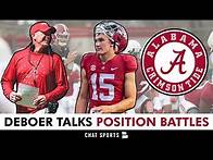 Video thumbnail for Kalen DeBoer Talks QB Battle, Running Backs, Young WRs & Right Guard Battle | Alabama Football News