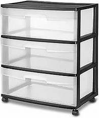 Video thumbnail for Sterilite Wide 3 Drawer Storage Cart, Plastic Rolling Cart with Wheels to Organize Clothes in Bedroom, Closet, Black with Clear Drawers, 1-Pack