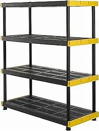 Video thumbnail for CX Black & Yellow®, 4-Tier Heavy Duty Plastic Storage Shelving Unit, 200lbs/shelf (55”H x 48”W x 20”D), for Indoor/Outdoor Organization, Modular Rack