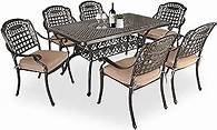 Video thumbnail for TITIMO 7-Piece Outdoor Furniture Dining Set, All-Weather Cast Aluminum Conversation Set Includes 1 Rectangular Table and 6 Chairs with Khaki Cushions and Umbrella Hole for Patio Garden Deck