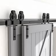 Video thumbnail for SKYSEN 6FT Heavy Duty Sliding Barn Door Hardware Single Track Bypass Double Door Kit Black(Bypass Spoke Wheel-1)