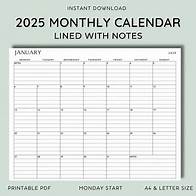 Video thumbnail for 2025 Landscape Lined Monthly Calendar | A4 & Letter | LANDSCAPE | Jan - Dec | PDF Printable Download L Sunday and Monday Start - Etsy