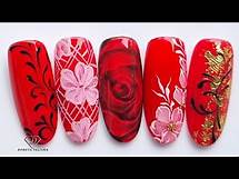 Video thumbnail for Beautiful red nail art. 5 easy nail art designs in red with glitter and gold transfer foil.