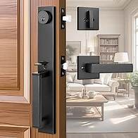 Video thumbnail for 1 Pack Exterior Door Handle with Deadbolt, Matte Black Front Door Lock Set, Modern Heavy Duty Full Escutcheon Entry Door Handleset, Adjustable & Reversible for Right & Left Handed Doors