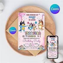 Video thumbnail for Custom Bluey Birthday Party Invitations - Editable Digital Template for Girls - Pink Printable Bluey Invite- Canva Template Instant Download - Etsy