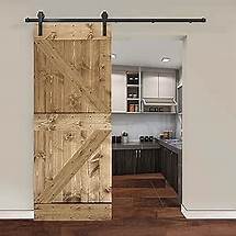 Video thumbnail for Newhome 24in x 84in Paneled Wood Barn Door with Installation Hardware Kit,DIY Unfinished Solid Pine Wood Barn Doors with Barn Door Track Kit, Barn Door Handle and Floor Guide, K Series Golden Oak