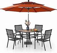 Video thumbnail for PHI VILLA 5 Pieces Patio Dining Set for 4 with 10ft Patio Umbrella, Metal Outdoor Stackable Wrought Iron Chair Set of 4 & 37" Metal Wood-Like Dining Table,3 Tier Vented Market Table Beige Umbrella