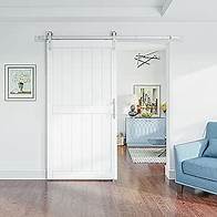 Video thumbnail for SmartStandard 42 x 84 inch White Sliding MDF Barn Door with 7FT Brushed Nickel Sliding Door Hardware Kit & Handle, Pre-Drilled Ready to Assemble, Waterproof PVC Coating, H-Frame