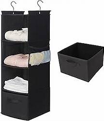 Video thumbnail for MAX Houser 4-Shelf Hanging Closet Organizer, Space Saver, Cloth Hanging Shelves with 2 Side Pockets, Foldable (Black)