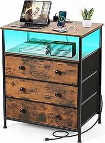 Video thumbnail for 3 Drawers Dresser with Charging Station, 24 Inch Wide LED Night Stand with Adjustable Fabric Drawer, Nightstand with Storage Shelf for Living Room/Bedroom/Office, Rustic Brown.