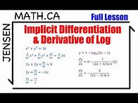 Video thumbnail for Implicit Differentiation & Derivative of Log Functions (full lesson) | grade 12 MCV4U | jensenmath