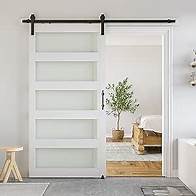 Video thumbnail for SmartStandard 42 x 80 in Glass Barn Door with 7FT Sliding Hardware Kit & Handle, Pre-Drilled Ready to Assemble, Waterproof PVC Coating, White, 5-Panel Glass