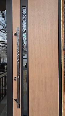 Video thumbnail for Modern Front Exterior Steel Door – Ronex 1033 Teak 96" with Sidelight & Transom Window – UnitedPorte