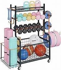 Video thumbnail for Weight Rack for Dumbbells, Yoga Mat Storage Rack Home Gym Equipment Storage Rack Cart for Dumbbells Kettlebells Yoga Mat, All in One Workout Equipment Storage Organizer Cart with Wheels and Hooks