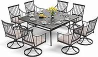 Video thumbnail for PHI VILLA 9 Pieces Outdoor Dining Table Set for 8, 60” Square Wrought Iron Table & Heavy-Duty Steel Swivel Chairs with Cushions, Large Dining Furniture Set for Patio, Deck, Yard, Porch