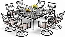 Video thumbnail for PHI VILLA 9 Pieces Outdoor Dining Table Set for 8, 60” Square Wrought Iron Table & Heavy-Duty Steel Swivel Chairs with Cushions, Large Dining Furniture Set for Patio, Deck, Yard, Porch