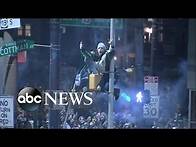 Video thumbnail for Eagles fans celebrate in the streets after Super Bowl win