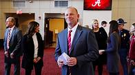 Video thumbnail for Watch Alabama football coach Kalen DeBoer speak at Alabama basketball game