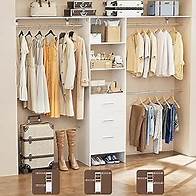 Video thumbnail for Closet System with Drawers, 8FT Walk in Closets Organizer with 3 Shelving Towers, 96" Wooden Storage Systems with Hanging Pods, Built-in Garment Rack for Bedroom