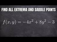 Video thumbnail for Use the Second Derivative Test to Find Any Extrema and Saddle Points: f(x,y) = -4x^2 + 8y^2 - 3