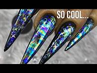 Video thumbnail for LONG Stiletto Acrylic Nails with Galaxy Oil Slick Nail Art Design