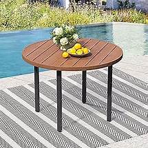 Video thumbnail for 42" Round Outdoor Dining Table for 4, Metal Patio Table with Umbrella Hole, Small Outdoor Cocktail Table for Garden, Backyard, Porch, and Deck, Walnut