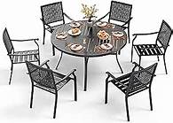 Video thumbnail for PHI VILLA 7 Pieces Outdoor Round Dining Set for 6, Large Wrought Iron Dining Table with Umbrella Hole & Stackable Metal Chairs, Dining Furniture Set for Patio, Deck, Yard, Porch