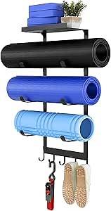 Video thumbnail for LSK Yoga Mat Holder Wall Mount, Black Yoga Mats Storage Rack, Home Gym Storage with Metal Floating Shelf for Storing Fitness, Yoga Mat Rack with 5 Hooks for Hanging Foam Rollers and Resistance Bands