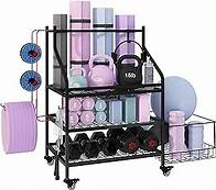 Video thumbnail for Yoga Mat Storage Rack, Home Gym Weight Rack with Hooks and Whells, Multi-function Workout Equipment Storage Organizer for Yoga Mats, Foam Roller, Dumbbells, Kettlebells, ect