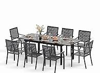 Video thumbnail for PHI VILLA 9 Piece Large Outdoor Dining Set for 8, Expandable Rectangular Wrought Iron Dining Table & 8 Stacking Steel Chairs, Dining Furniture Set for Patio, Deck, Yard, Porch
