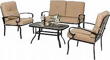 Video thumbnail for 4-Piece Outdoor Metal Furniture Sets Patio Conversation Set Wrought Iron Loveseat, 2 Single Chairs, Coffee Table with Cushion, Lawn Front Porch Garden, Brown