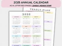 Video thumbnail for 2025 Annual Calendar Printable Year at a Glance, Yearly Planner on One Page Colorful, Wall Calendar, Sunday Monday Start, A4 A3 Letter Size - Etsy