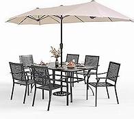Video thumbnail for PHI VILLA 7 Pieces Patio Dining Set for 6 with 13ft Large Patio Umbrella, Metal Outdoor Stackable Wrought Iron Chair Set of 6 & 60"X38" Metal Dining Table,Market Table Beige Umbrella