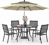 Video thumbnail for PHI VILLA 5-Piece Patio Dining Set for 4 with 10ft Umbrella, Metal Circle Table & Wrought Iron Stackable Chairs, 3-Tier Vented Beige Umbrella