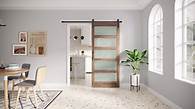 Video thumbnail for FREDBECK Double 24 x 84 inch Glass Barn Doors 48inch Barn Door with 8FT Hardware Kit & Handle Included,5-Panel Frosted Glass,LVL Wood Panel,Water-Proof PVC Surface,Pre-Drilled Holes,Need Assembly