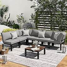 Video thumbnail for AECOJOY Outdoor Patio Furniture Set, 7 Piece Metal Patio Sectional Conversation Sofa, Black Wrought Iron Outdoor Furniture Sets Clearance with Grey Cushions