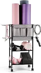 Video thumbnail for Home Gym Storage Rack with Hooks and Pockets for Yoga Mat, Foam Roller, Dumbbell, Kettlebell, with Mobile Wheels