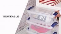 Video thumbnail for Sterilite 105 Quart Latch Box, Clear Plastic Storage Bin with Clear Lid, Blue