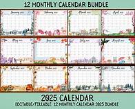 Video thumbnail for EDITABLE Monthly Calendar 2025 Bundle, Cute Printable Fillable Monthly Calendar 2025, PDF Calendar, Printable, Digital Download - Etsy
